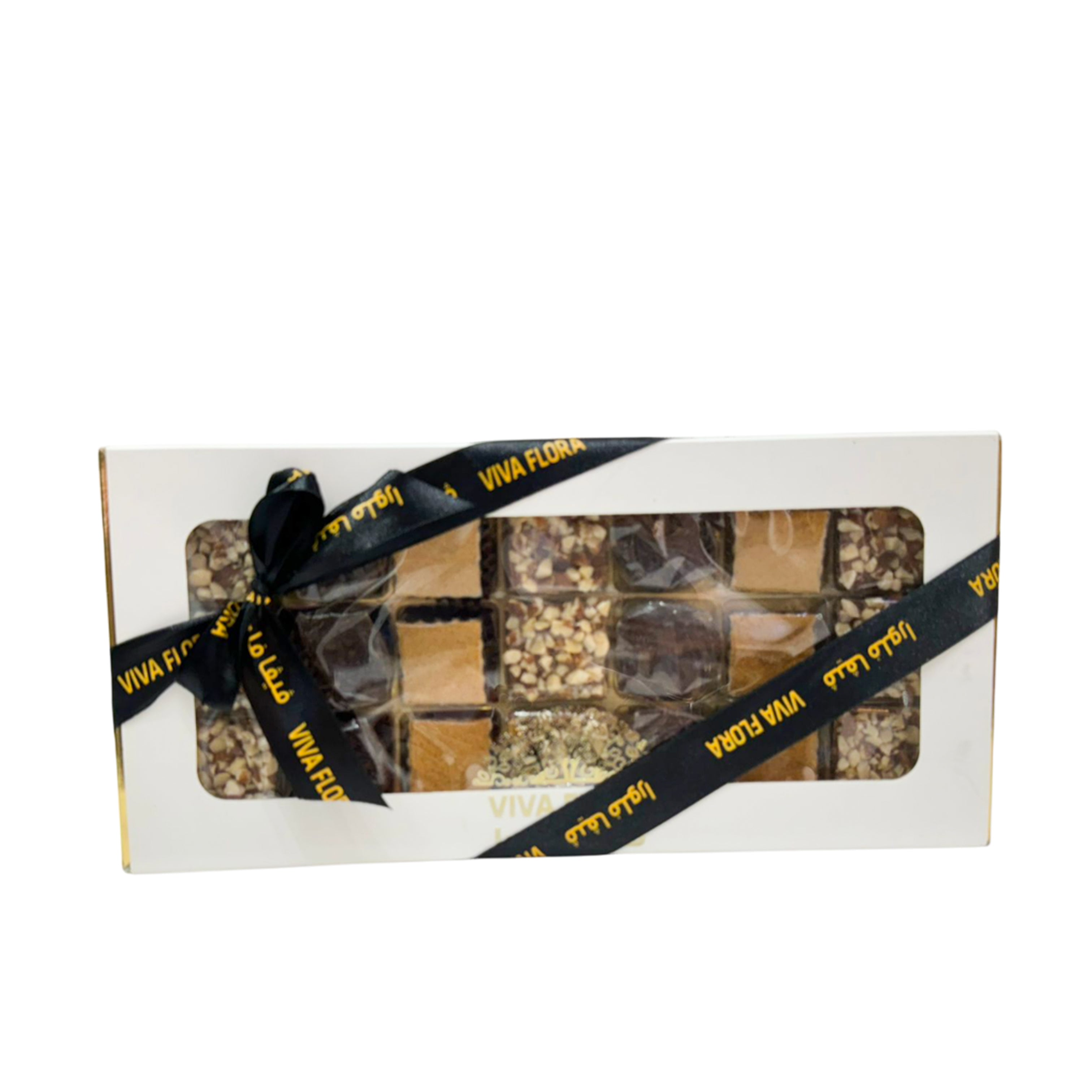 White gift box of assorted chocolates with a black Viva Flora ribbon, featuring a variety of milk, dark, and nut-topped chocolates inside.