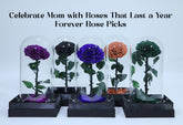 Four roses in glass vases with the text "Celebrate Mom with Roses That Last a Year Forever" displayed prominently.