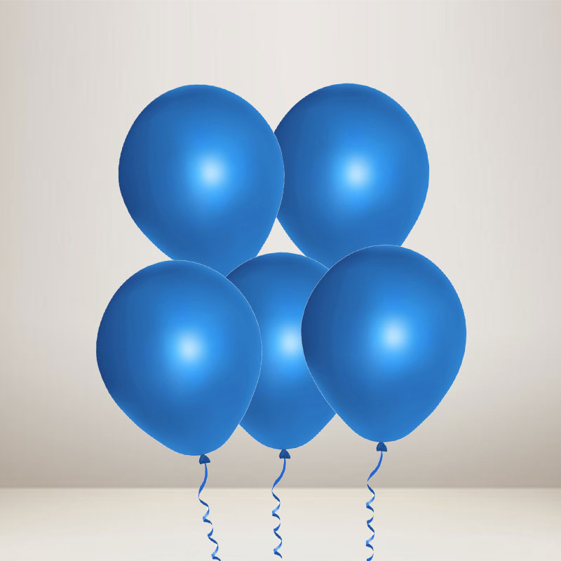 Five blue balloons tied with curly blue strings, arranged in a cluster against a plain light beige background.
