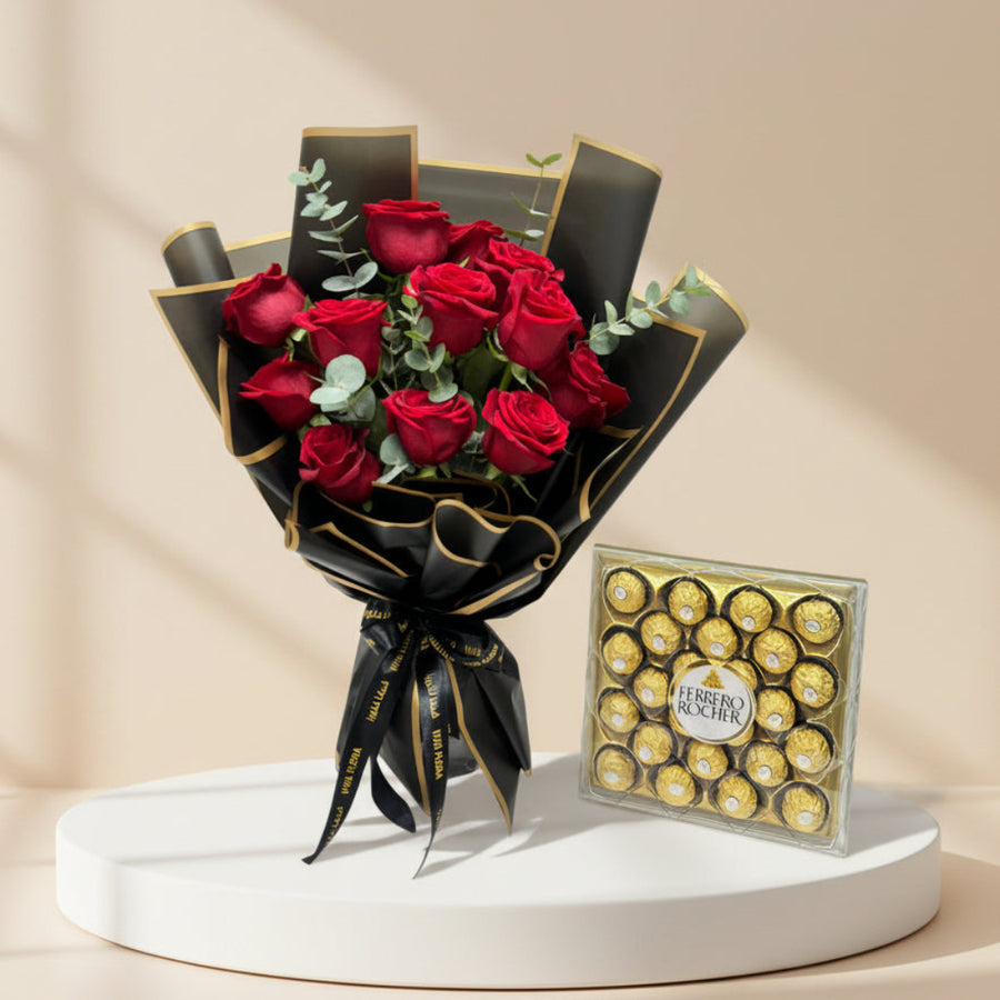 Scarlet red roses and Ferrero Rocher chocolates for Valentine’s Day or special occasions