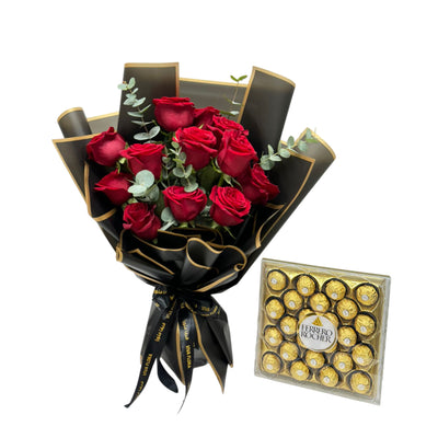 Scarlet red roses and Ferrero Rocher chocolates for Valentine’s Day or special occasions