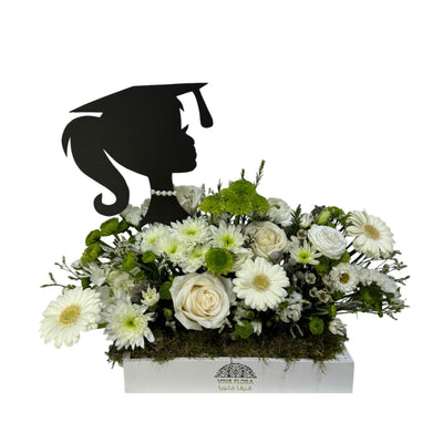 White flower tray with girl graduation topper.