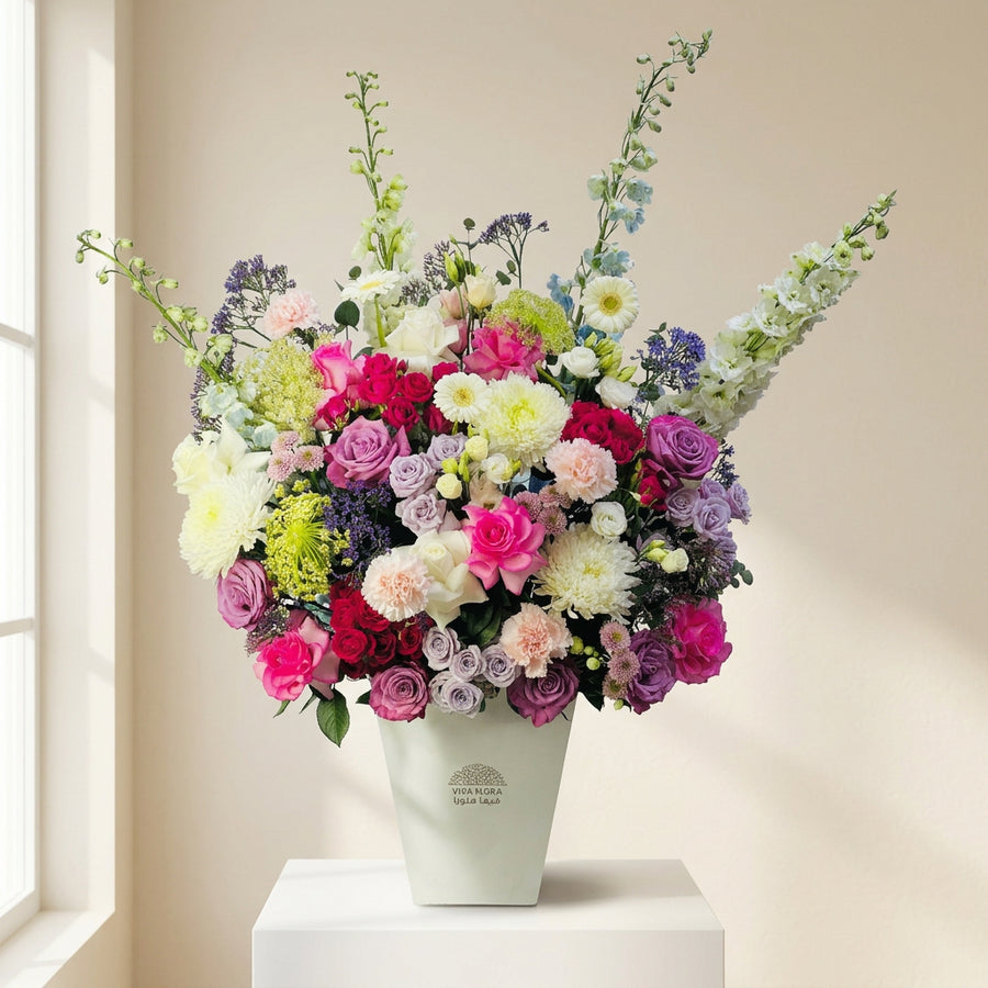 mixed of pink white, purple colour flower arrangement order online in qatar, for same day delivery all over qatar