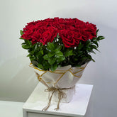 A large bouquet of 25 red roses with green leaves, wrapped in white paper with gold accents and tied with twine, displayed on a white pedestal against a light gray background.