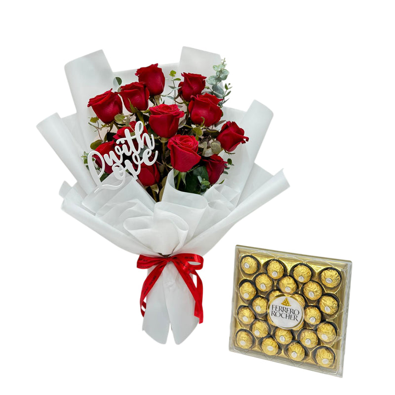 Red roses and Ferrero Rocher combo – a classic gift of love and sweetness.