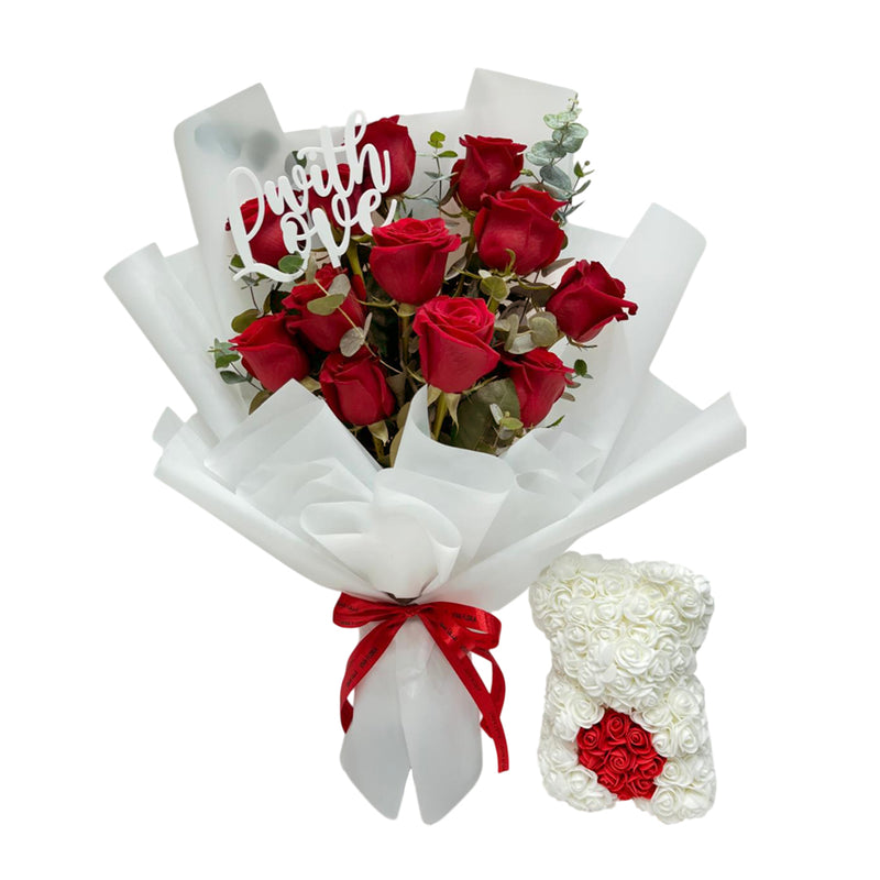 Perfect Valentine’s gift: a red roses bouquet with a white rose teddy.