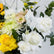 A close-up of a floral arrangement featuring white roses, white carnations, yellow roses, pale peach daisies, and green foliage, with a small printed card held in a clear stand.