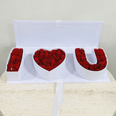 Three white letter-shaped boxes filled with red Baby roses on a light surface. best budget friendly Arrangement for the valentines day love proposal 