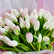A bouquet of white tulips with soft pink tips and green stems, wrapped in pink and white tissue paper.