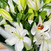 A close-up of a bouquet of white lilies with several green flower buds, fresh green leaves, and visible orange-red stamens.