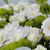 A close-up bouquet of white flowers, including daisies and roses, mixed with bright green chrysanthemums, with water droplets on the petals.
