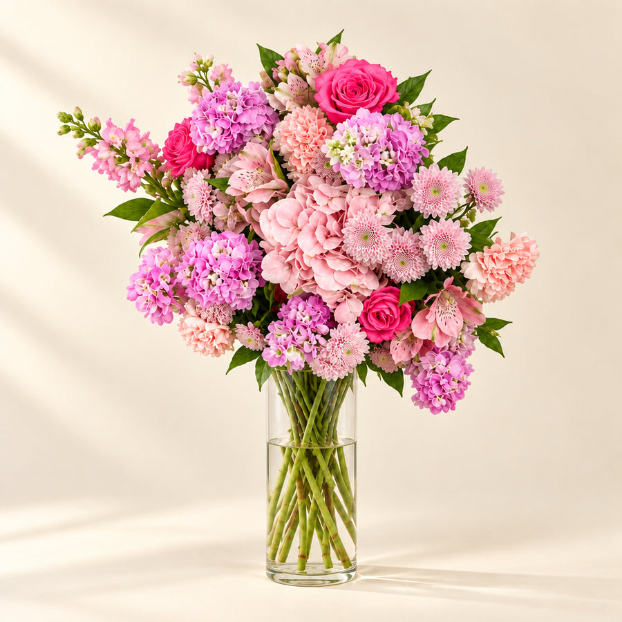 A bouquet of pink and magenta flowers wrapped in brown kraft paper, placed on a white marble countertop with a matching brown paper bag behind it.