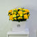A vibrant yellow flower box arrangement featuring yellow roses, yellow chrysanthemums, and green foliage, presented in a white square box with the brand 'VIVA FLORA' printed on the front, sitting on a white table against a light gray wall.